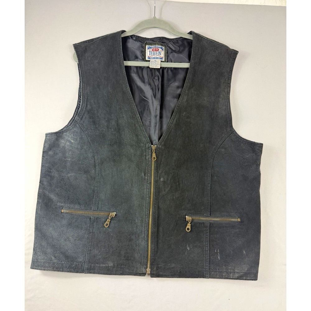 New Terrain leather zip front biker vest, lined pockets, V-neck, men's XL